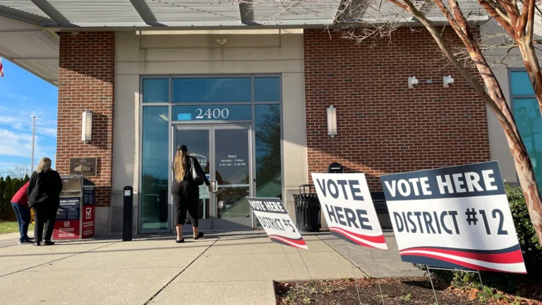Voters walking into a town hall building with 'Vote Here' signs displayed outside for local districts.
