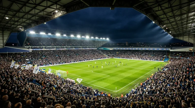 Crowded football stadium illuminated by floodlights at night with fans waving blue and white flags.