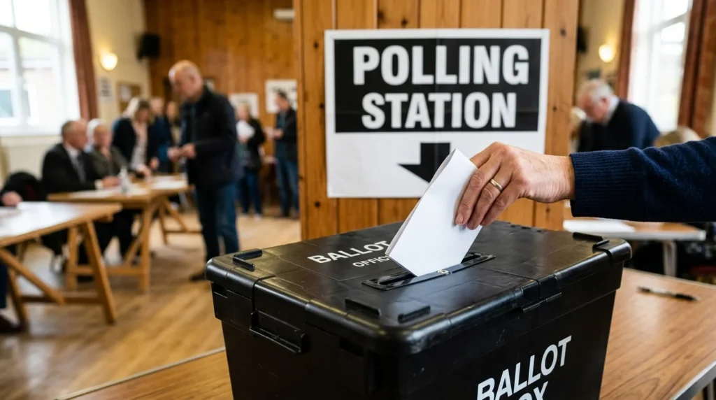 A hand inserts a white ballot paper into a black box beneath a polling station sign.