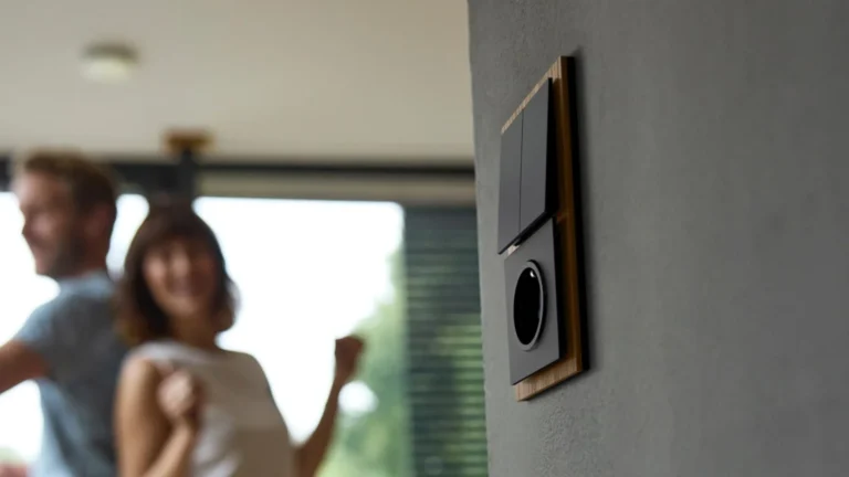 Black light switch and power socket on a wooden plate mounted to a gray wall.