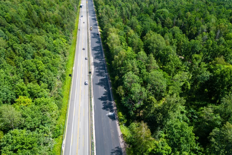 Aerial shot of a highway split by construction, surrounded by a dense, green forest canopy.