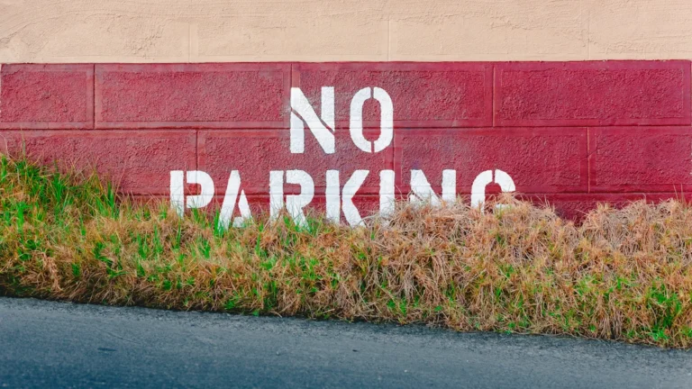 A red wall featuring a 'NO PARKING' warning stenciled in white letters above green grass.