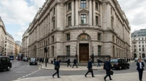 Grand neoclassical stone building on a London street corner with black taxis and pedestrians.