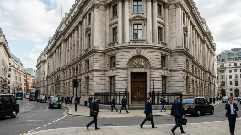 Grand neoclassical stone building on a London street corner with black taxis and pedestrians.
