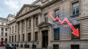 Neoclassical building with a digital red downward arrow and graph showing a sharp financial decline.