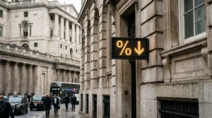 Digital sign showing a percentage symbol and down arrow on a stone building in London.