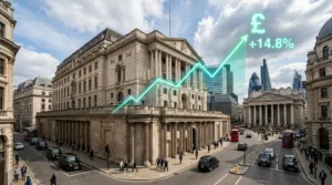 A neoclassical building in London with a glowing green upward graph indicating a 14.8 percent increase.
