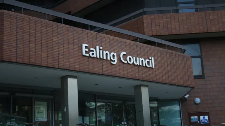 The exterior entrance of the Ealing Council building in London, UK.