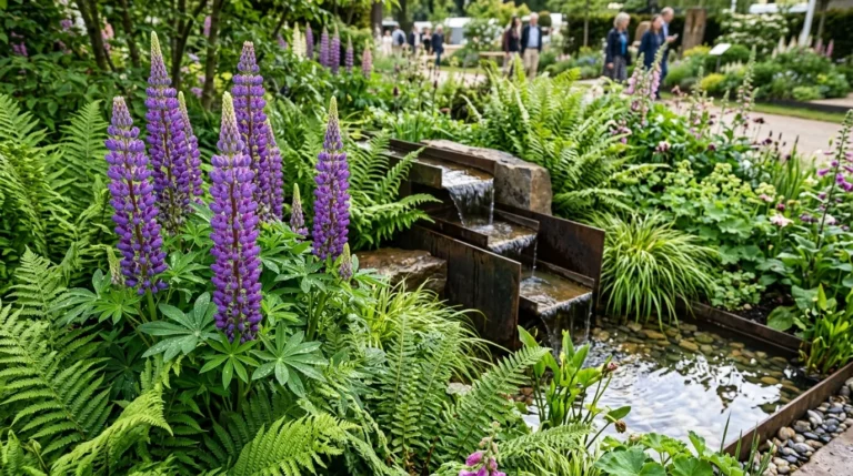 Purple lupine flowers and green ferns beside a tiered metal waterfall in a landscaped garden.