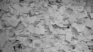 A dense collection of paper slips representing the ballot counting process for Harrow Council.