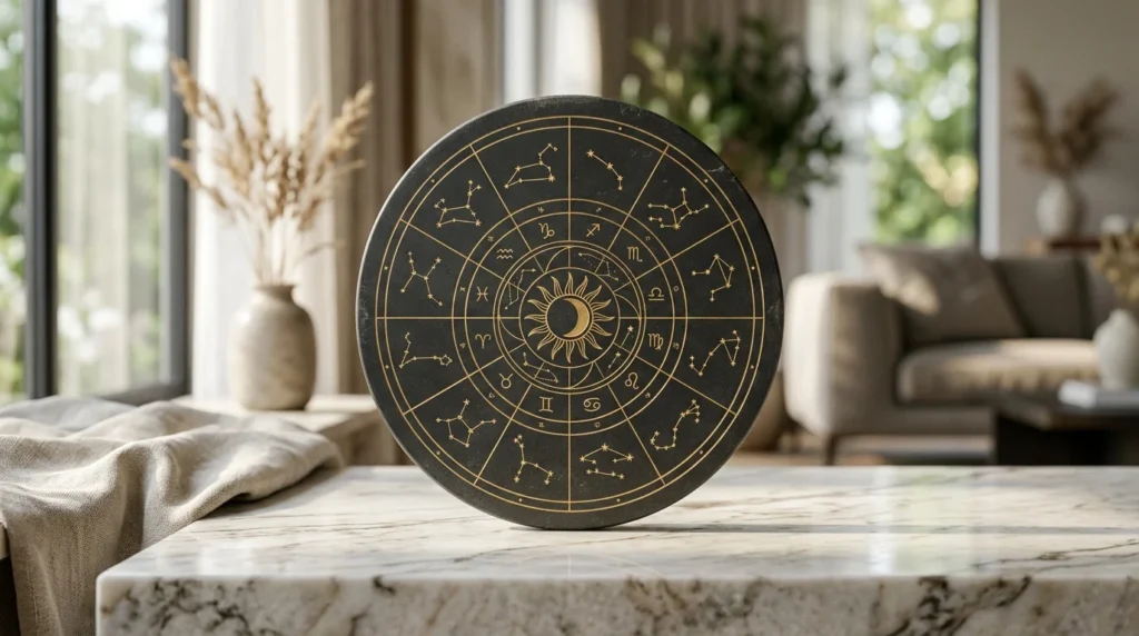 A circular black zodiac chart with gold astrological symbols and constellations on a white marble surface.