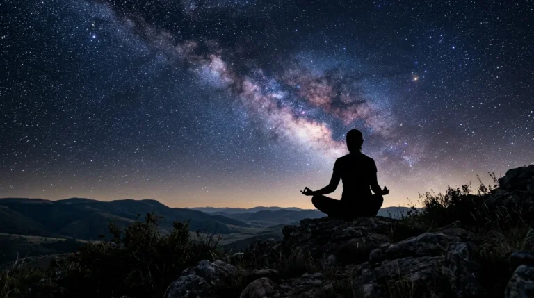 Silhouette of a person meditating on a mountain peak under the starry Milky Way galaxy.