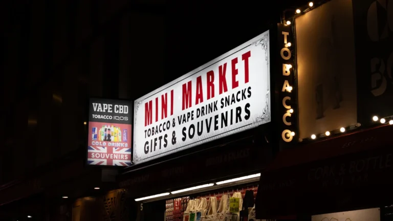 Storefront of a mini market at night with signs advertising tobacco and vape products.