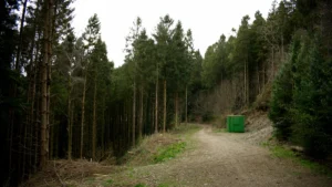 A wide dirt track through a forest in the United Kingdom with a green waste skip.
