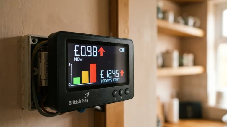 Close-up of a British Gas smart meter on a wall displaying real-time energy costs and usage.