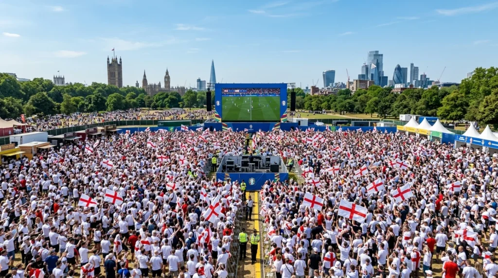 Thousands of England football fans waving flags at a large outdoor viewing screen in London.