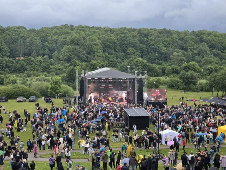Crowd of people at an outdoor music festival stage backed by a lush green forest.