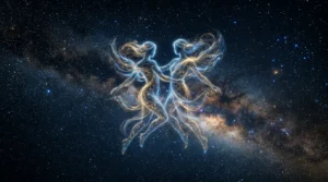Two ethereal glowing figures representing Gemini floating against a vast, star-filled cosmic galaxy background.
