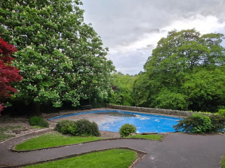 A vacant blue swimming pool surrounded by lush green trees and park walkways.