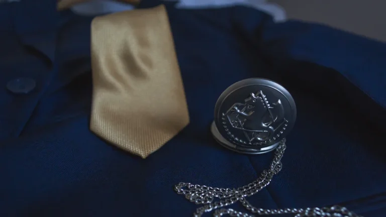 Formal navy suit jacket with a gold tie and silver pocket watch for a civic ceremony.