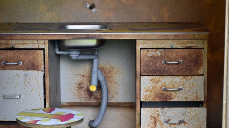 A heavily rusted and stained kitchen sink unit with grime-covered drawers.