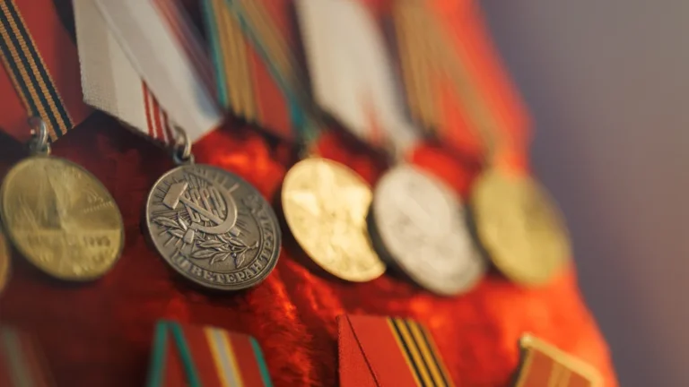 A row of vintage military medals with various striped ribbons displayed on a red velvet background.