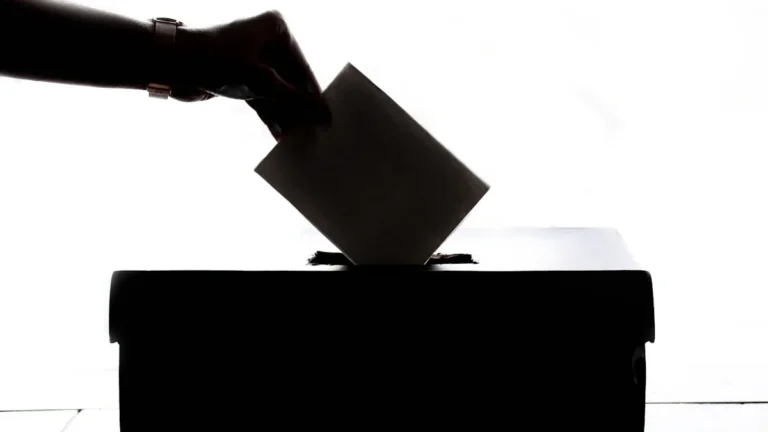 A silhouette of a person's hand casting a vote by placing a ballot paper into a ballot box.