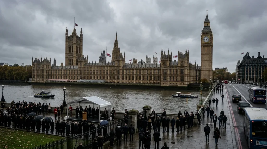 A crowd gathered for a riverside ceremony across from the Houses of Parliament in London.