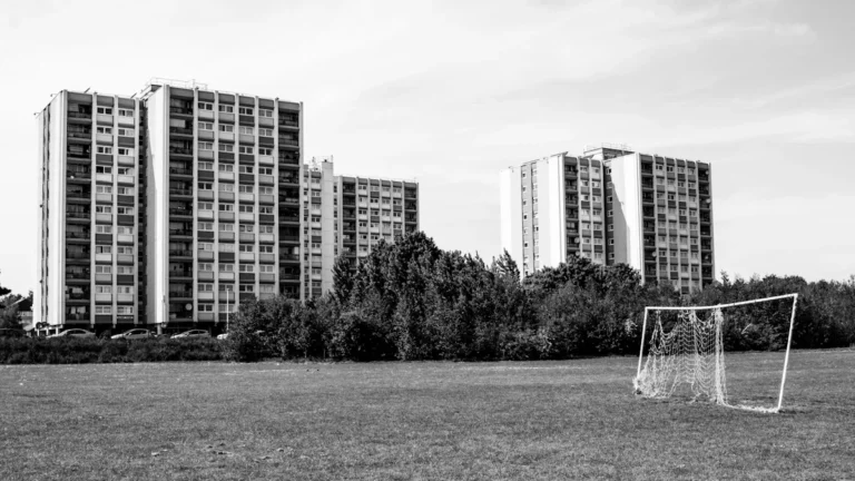 A grayscale photograph of two high-rise residential apartment blocks in London behind a line of trees.