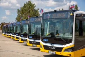 A row of yellow and black MAN buses displaying Jelgava parked in a paved lot.