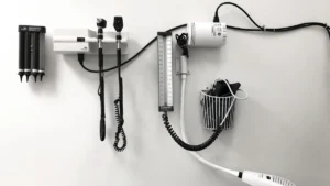 Professional medical diagnostic instruments and monitoring equipment mounted on a clean white hospital wall.