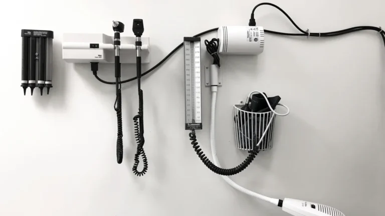 Professional medical diagnostic instruments and monitoring equipment mounted on a clean white hospital wall.