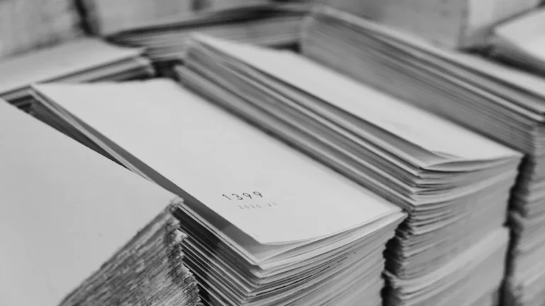 Stacks of official paper documents or ballot papers being processed during an election count.