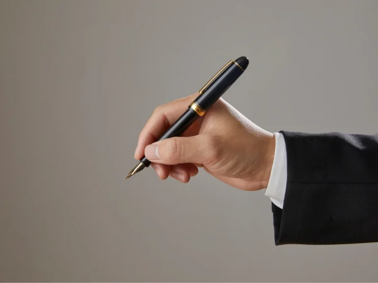 A hand in a suit sleeve holding a black fountain pen with gold trim.