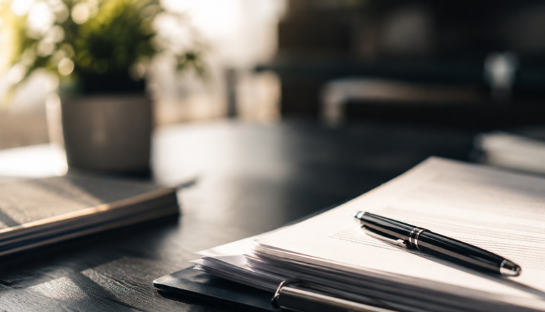 A black pen rests on a stack of white papers on a dark desk.