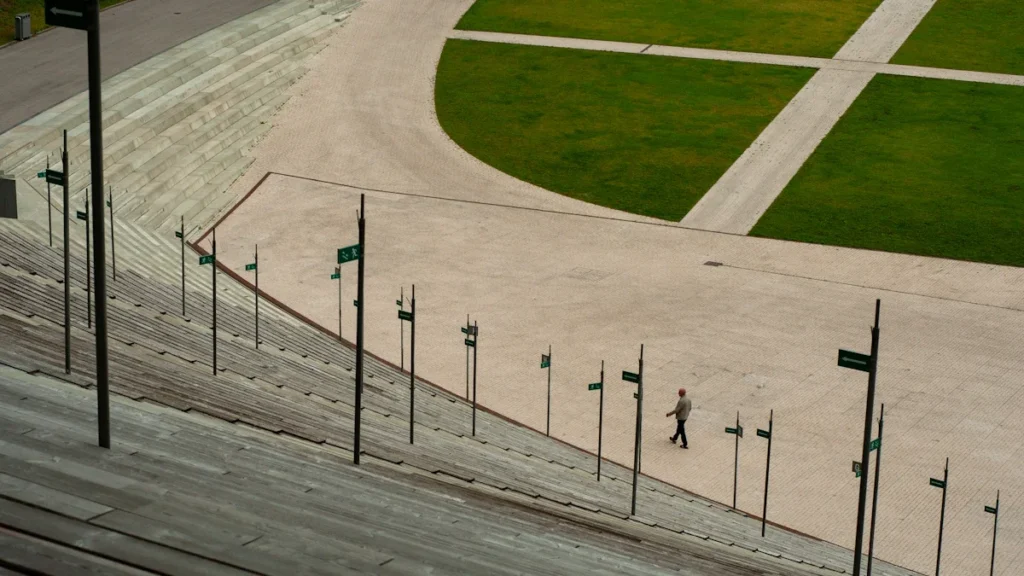 An aerial view of the geometric architecture and modern public grounds in Riga, Latvia.