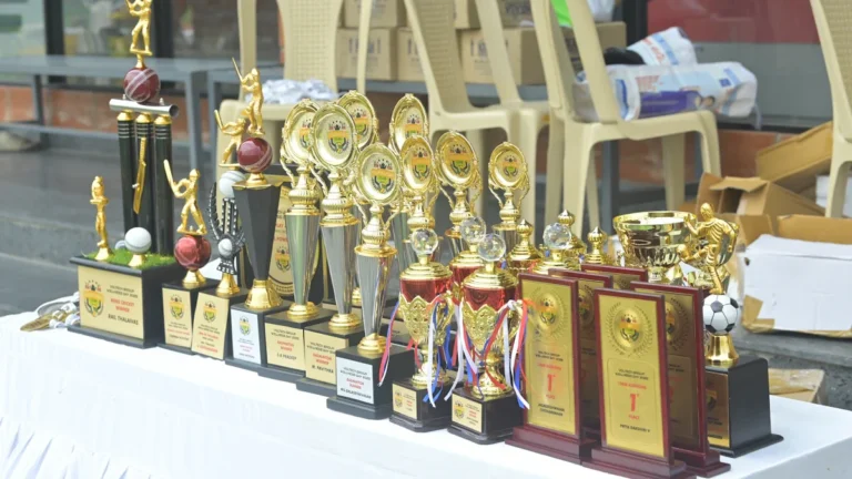 A collection of gold and silver sports trophies and plaques displayed on a white table.