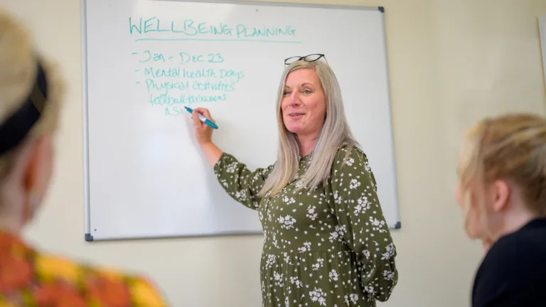 A woman leads a wellbeing planning workshop for a group of residents.