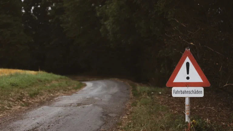 A red-bordered triangular warning sign with an exclamation mark on a winding rural road.