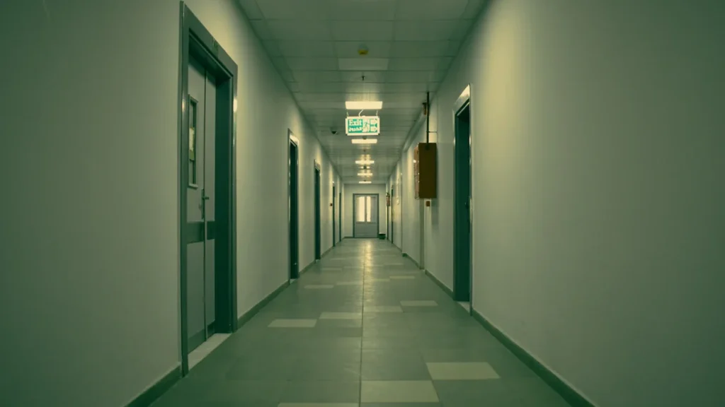 A long, sterile hospital corridor with green-toned lighting and an emergency exit sign.
