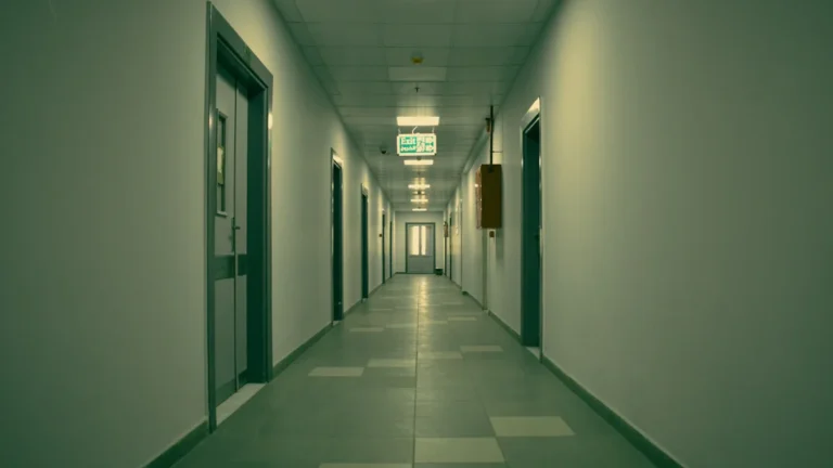 A long, sterile hospital corridor with green-toned lighting and an emergency exit sign.