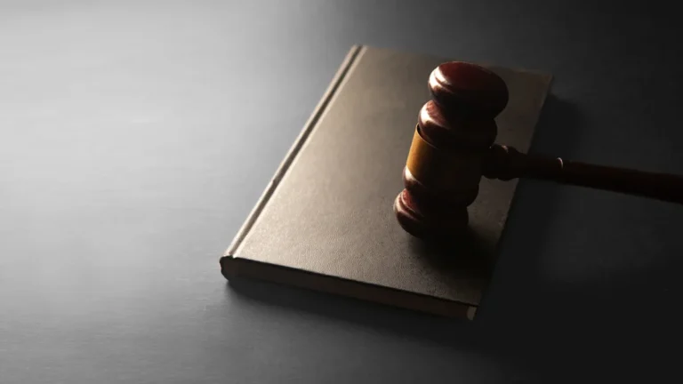 A wooden judge's gavel resting on a closed book against a dark, professional background.