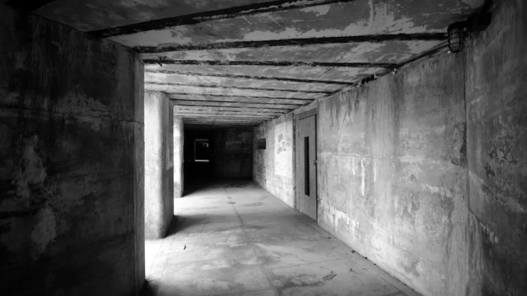 Interior view of a reinforced concrete bunker hallway with stark shadows.