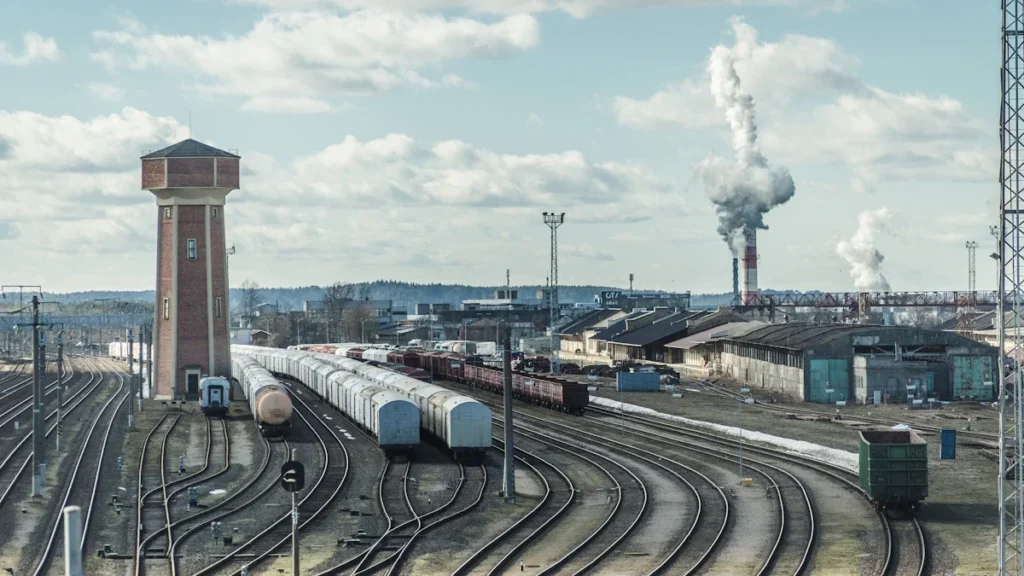 An expansive industrial rail yard and manufacturing plant in Lithuania, illustrating the scale of heavy industry and logistics.