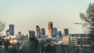 Modern glass skyscrapers and high-rise office buildings in the financial district of Vilnius, Lithuania.