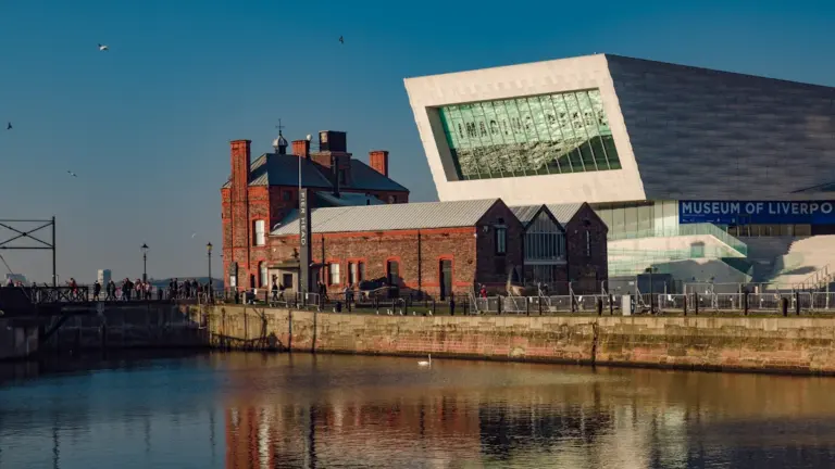 The modern Museum of Liverpool building located by the city's historic waterfront area.