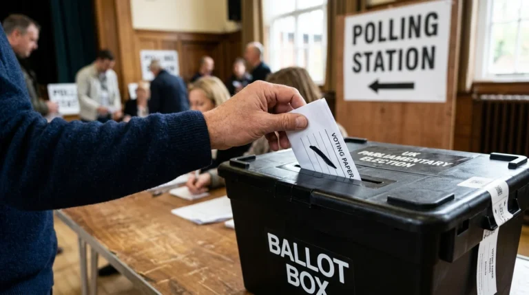 A hand places a folded voting paper into a black ballot box at a polling station.