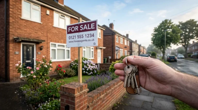 Hand holding silver keys before a red brick house with a white for sale sign.