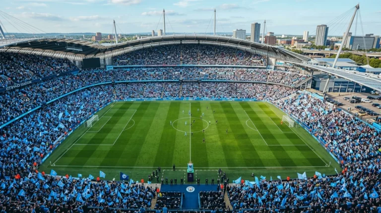 Wide-angle view of a crowded football stadium with fans in light blue watching a match.