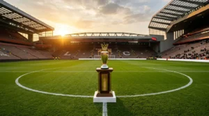 Gold Premier League trophy on a pedestal at the center of a sunlit, empty football stadium pitch.